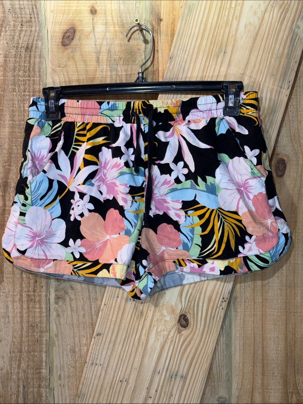 Women's Black Floral Athletic Lounge Shorts with Pastel Blooms